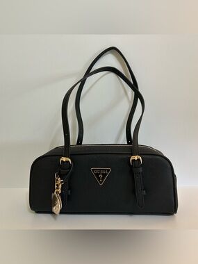 GUESS Black Leather Double-Handle Shoulder Bag with Gold Hardware